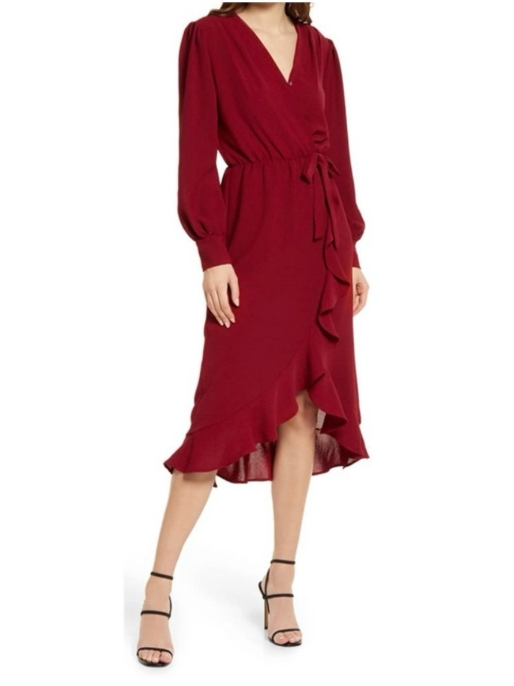 NWT Fraiche by J Faux Wrap Ruffle Long Sleeve Dress High Low V-Neck Midi Wine S